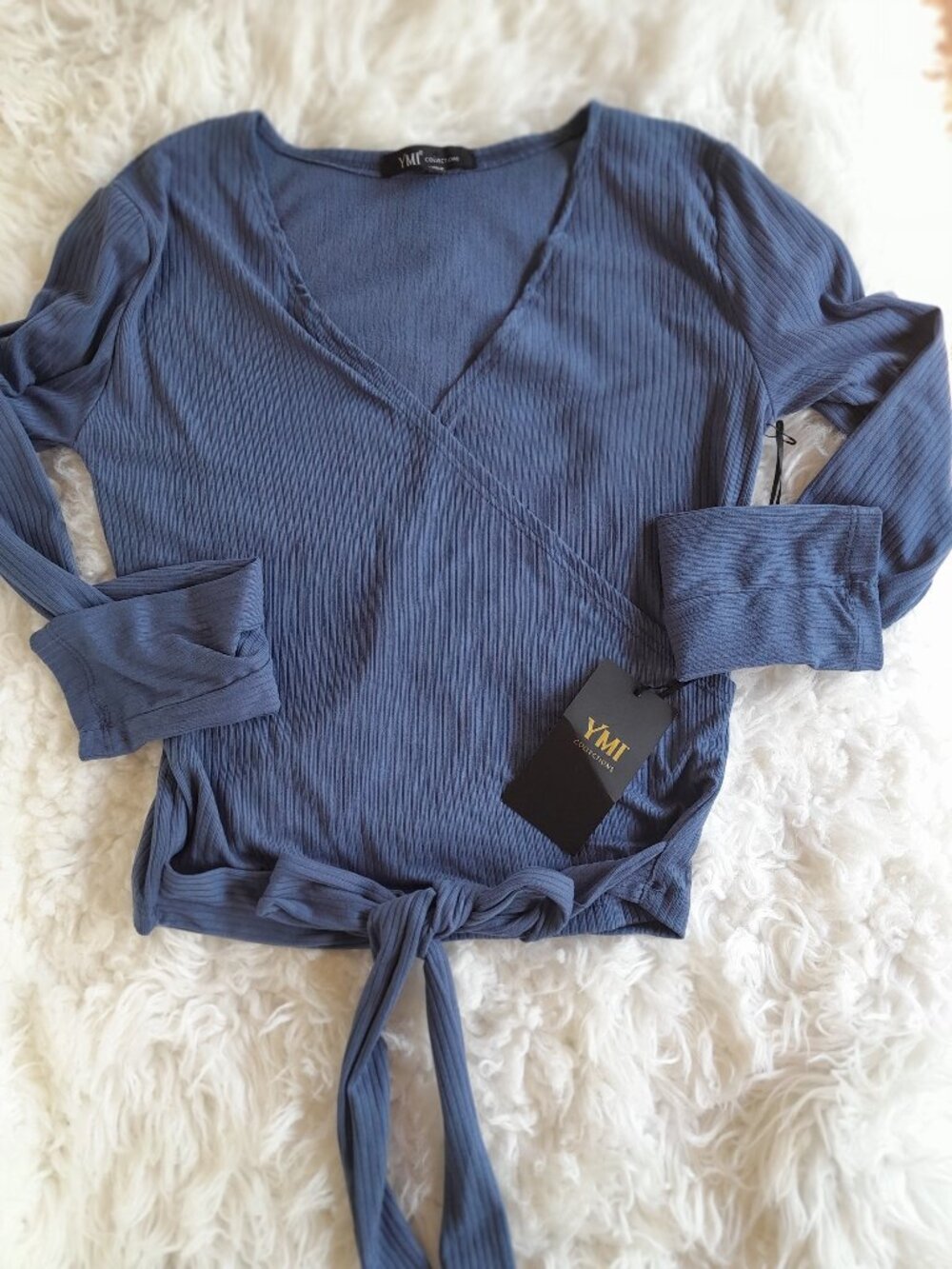 YMI COLLECTIONS blue long-sleeve wrap blouse, size M.